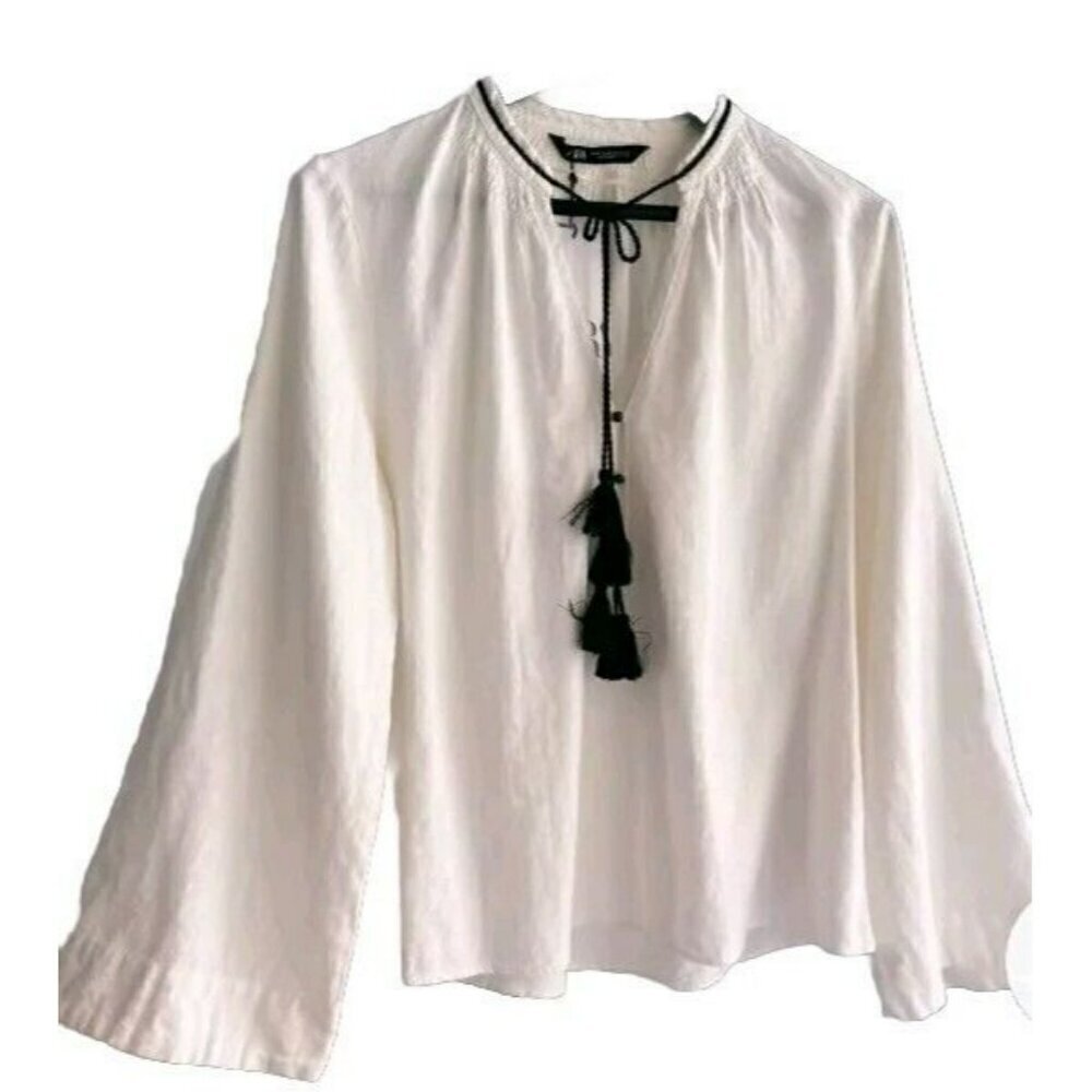 ZARA TASSELED LINEN BLEND BLOUSE WHITE SIZE M 3433/709